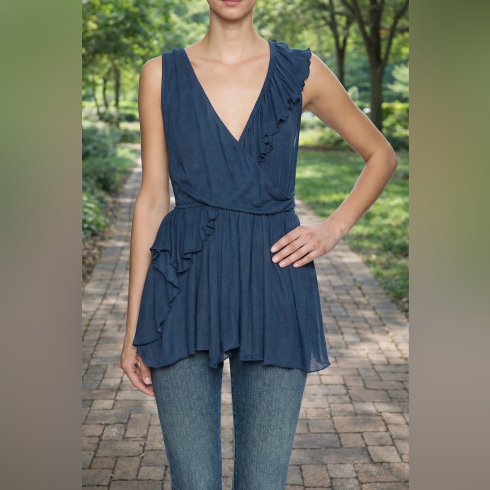 Free People Float Away Ruffle Tank Blue Boho Faux Wrap Sleeveless Top